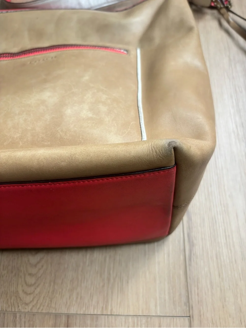Coach Legacy Tan Leather Crossbody Bag with Coral Trim Purse